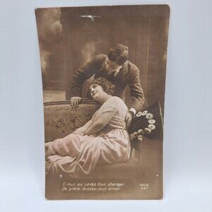 Rex Antique Romantic Postcard 1919 Sepia French‎ Couple Illustration Note Love